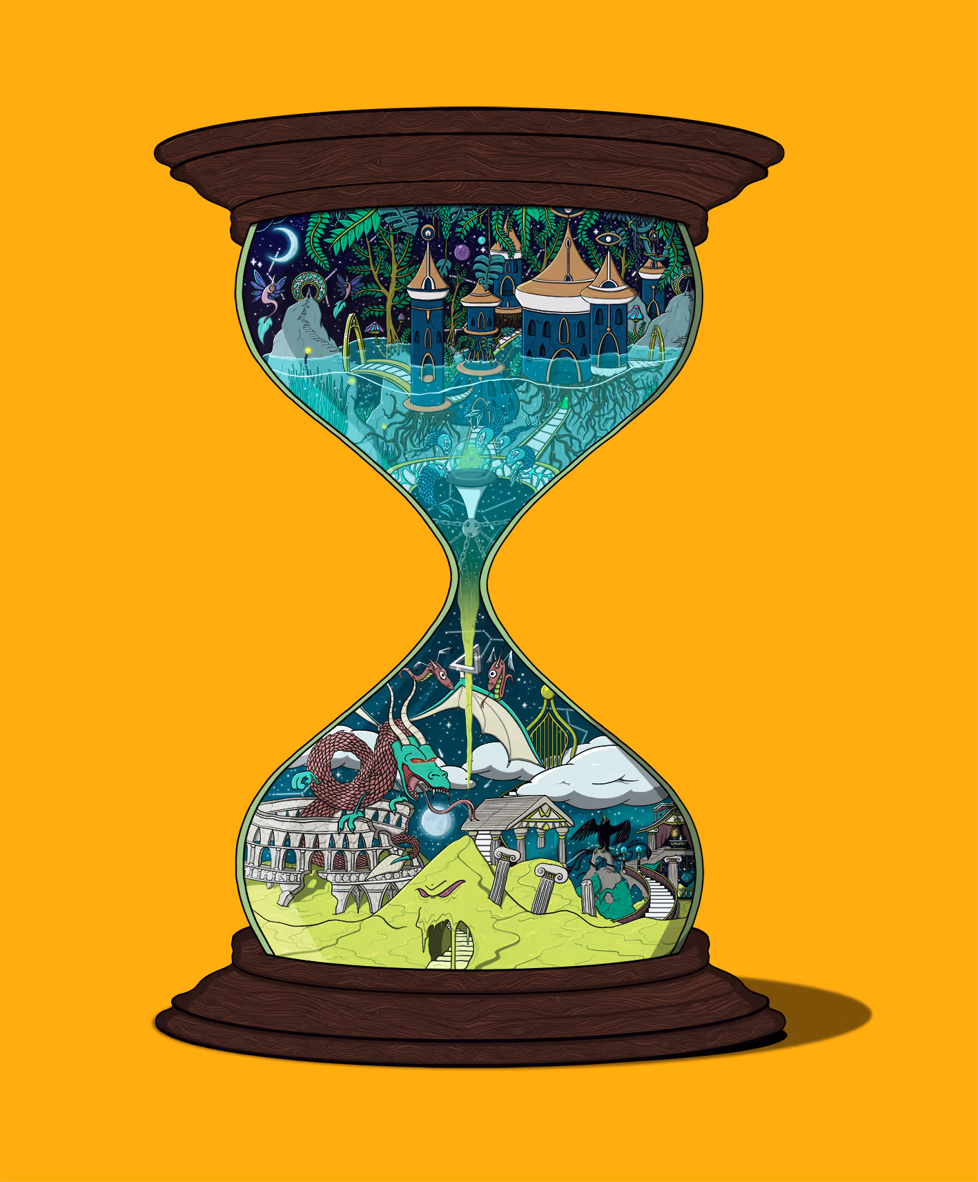 Illustrated hourglass with a fantasy scene inside: upper half shows a castle in a lush forest under night sky, lower half features a dragon, ancient ruins, and mythological elements on a yellow landscape.