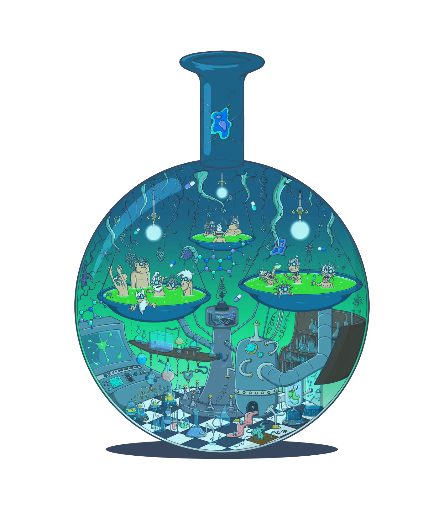 Cartoon-style scientific laboratory inside a large flask with whimsical scientists bathing in green liquid in suspended bowls, surrounded by lab equipment and glowing lights.