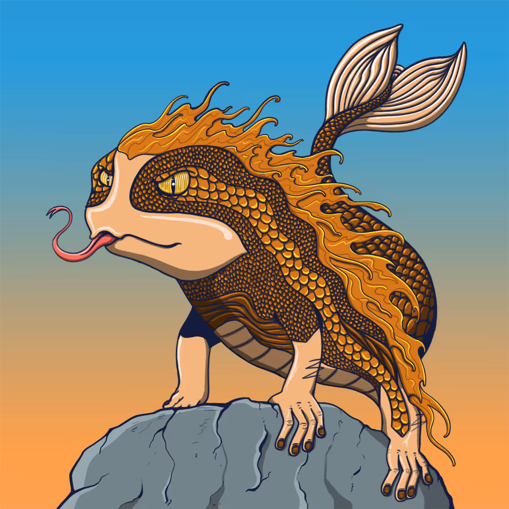 Illustration of a fantastical creature with a lizard-like body, human hands, fiery mane, and fish tail standing on a rock.