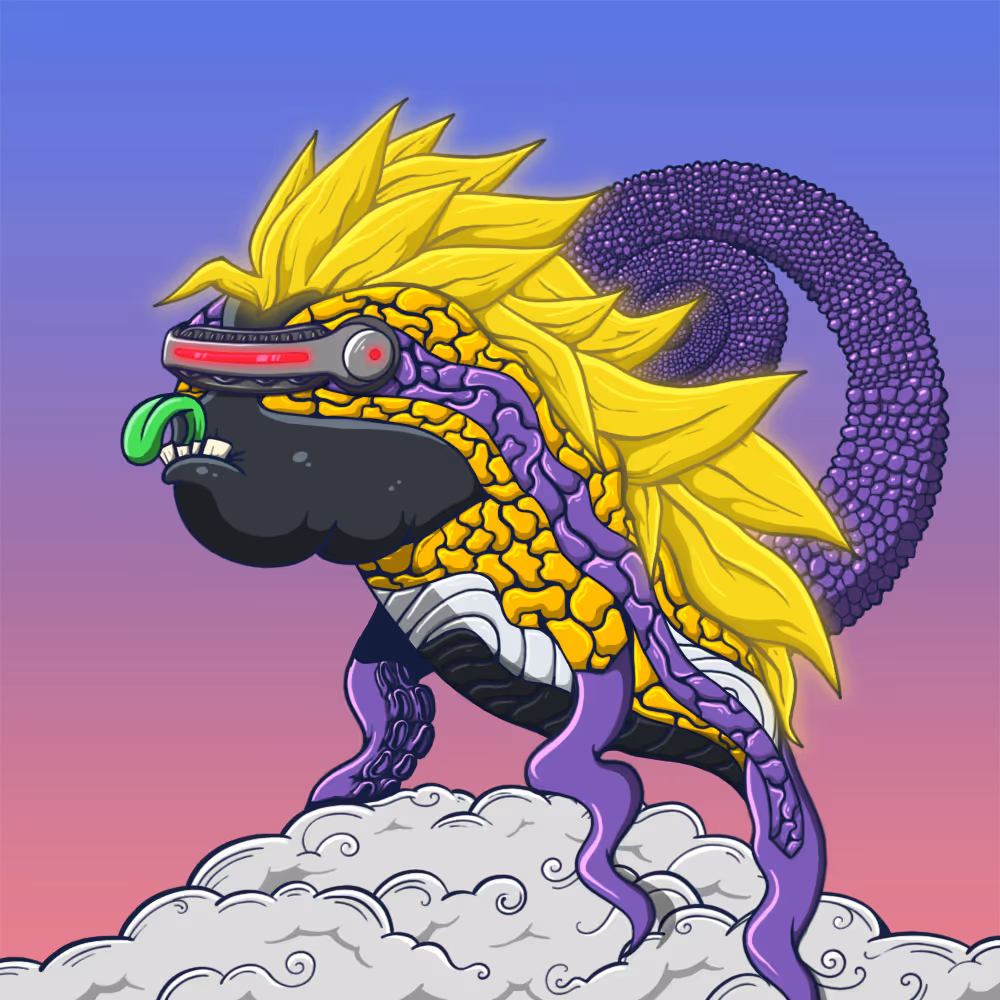 Colorful, futuristic chameleon with a bright yellow spiky mane, purple scaly tail curled upwards, robotic goggles, and green tongue sticking out, standing on stylized clouds against a gradient purple and pink sky.