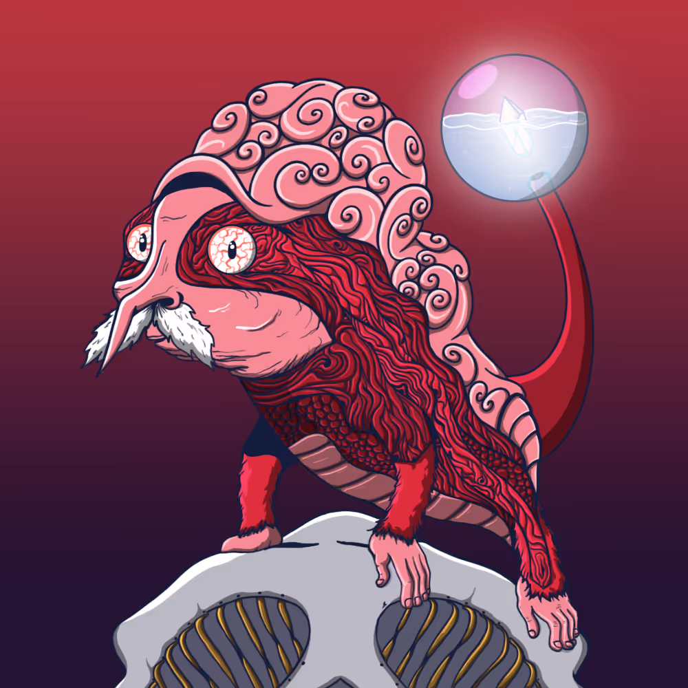 Illustration of a red creature with a pink brain-like shell, bulging eyes, white mustache, and human-like hands standing on a skull with gold teeth.