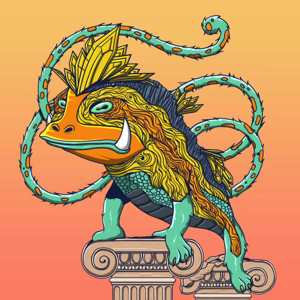 Colorful fantasy chameleon with ornate leafy crown and swirling tail perched on classical stone columns against a gradient background.