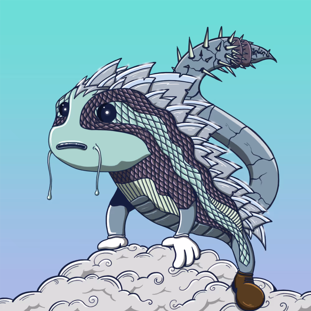 Cartoon creature with a fish-like face, scales, spikes on its back and tail, wearing a brown boot and white gloves, standing on stylized clouds against a gradient blue-green background.