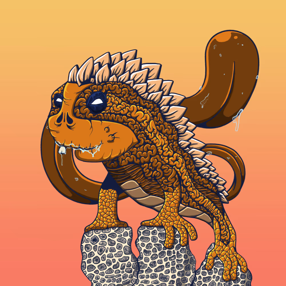 Cartoon-style orange and brown lizard with textured skin and sharp spikes standing on patterned gray rocks against a gradient orange-pink background.