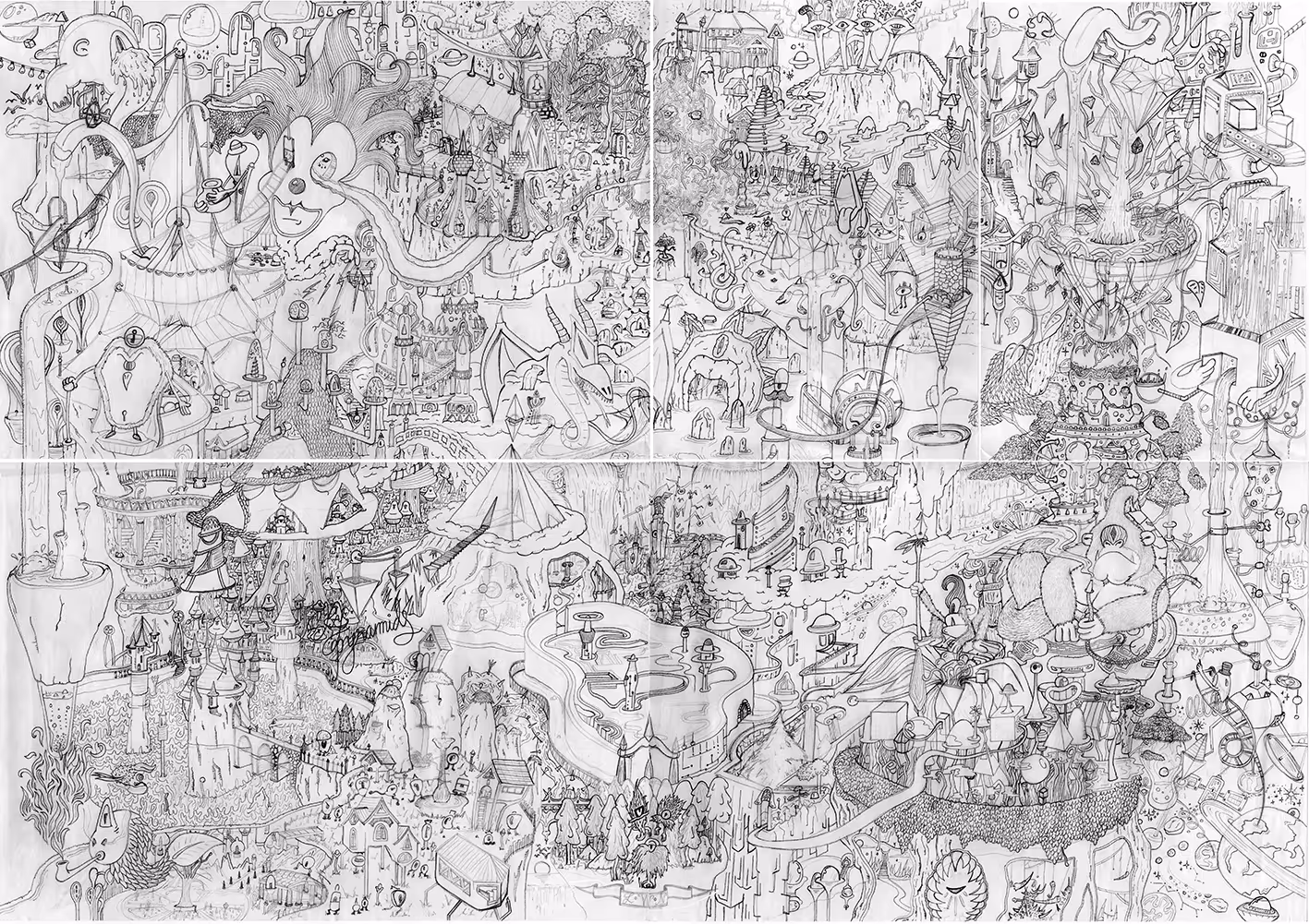 Intricate black and white surreal drawing featuring a dense fantasy landscape with castles, abstract figures, mythical creatures, floating structures, and a variety of whimsical and organic shapes interconnected across the scene.