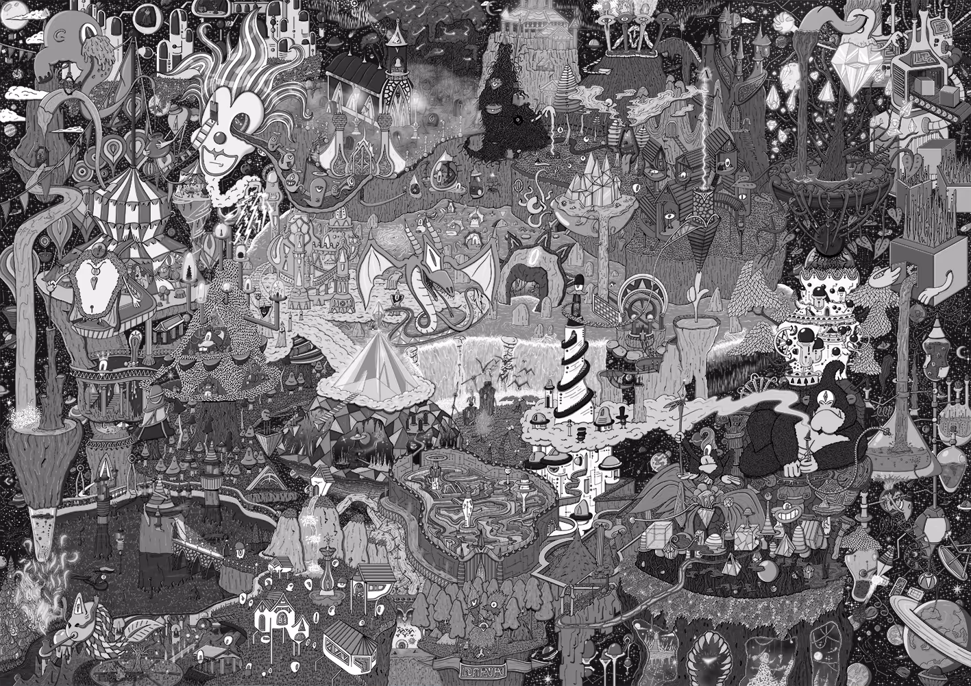 Intricate black-and-white surreal fantasy landscape featuring abstract buildings, creatures, waterfalls, and a large reclining character with a candle.