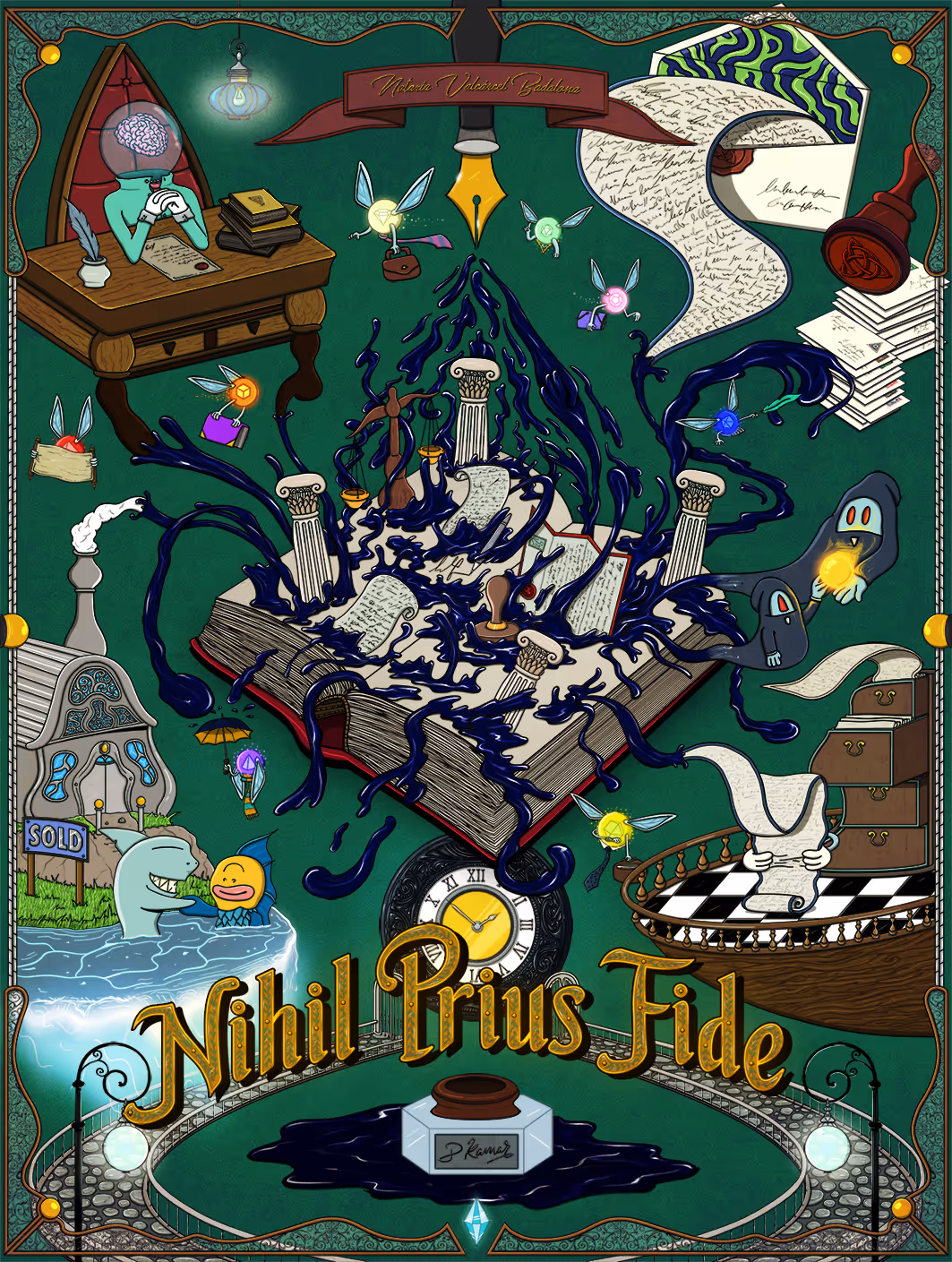 Surreal illustration featuring a large open book with dark ink spreading and classical columns, surrounded by colorful fairy-like creatures, scrolls, a clock, two ghost figures holding a glowing orb, and aquatic creatures near a sold house, all beneath the golden text 'Nihil Prius Fide'.