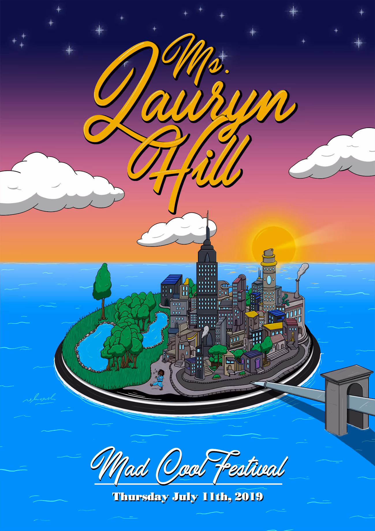 Illustrated poster of a small island city with buildings, trees, and a pond, a bridge connecting it, under a starry purple-orange sky with sun setting, featuring text 'Ms. Lauryn Hill' and 'Mad Cool Festival, Thursday July 11th, 2019'.