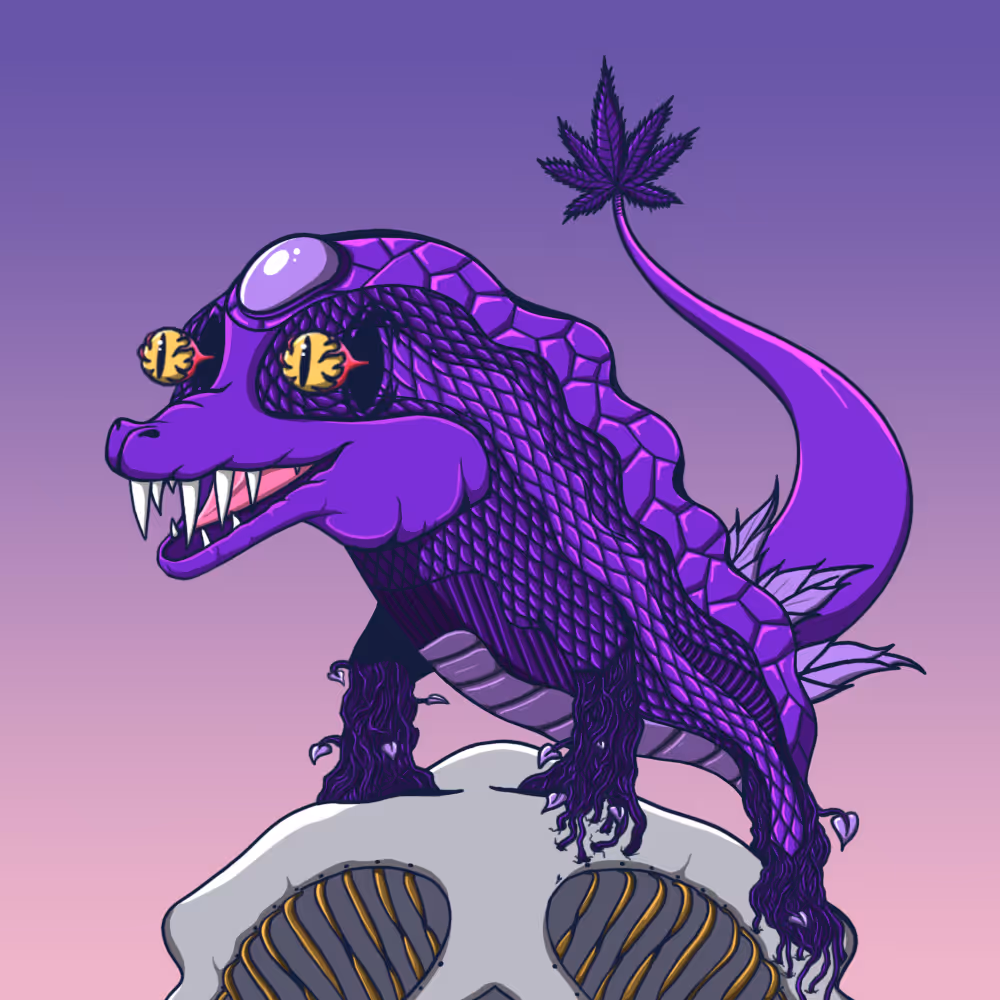 Purple cartoon reptile with yellow eyes and sharp teeth standing on a skull with a purple gradient background.