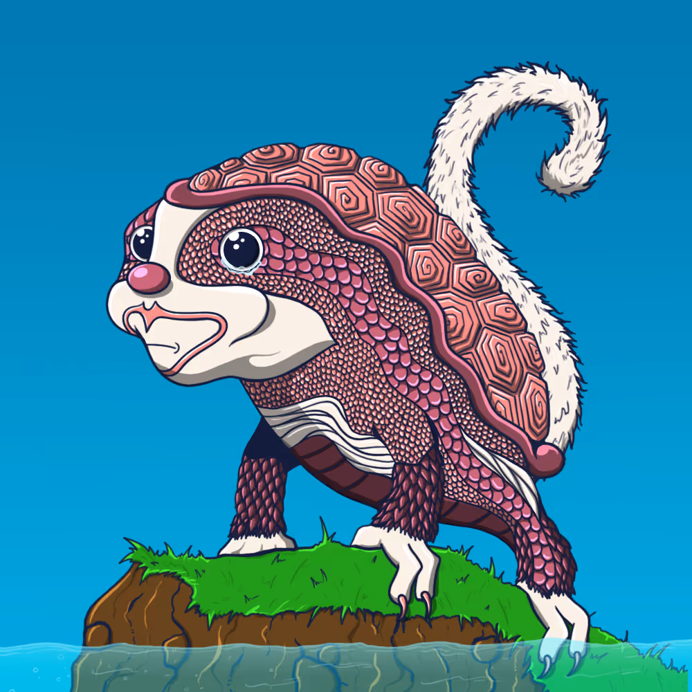 Illustration of a creature with a turtle-like shell, reptilian body, and curled fluffy tail standing on a grassy rock by the water.