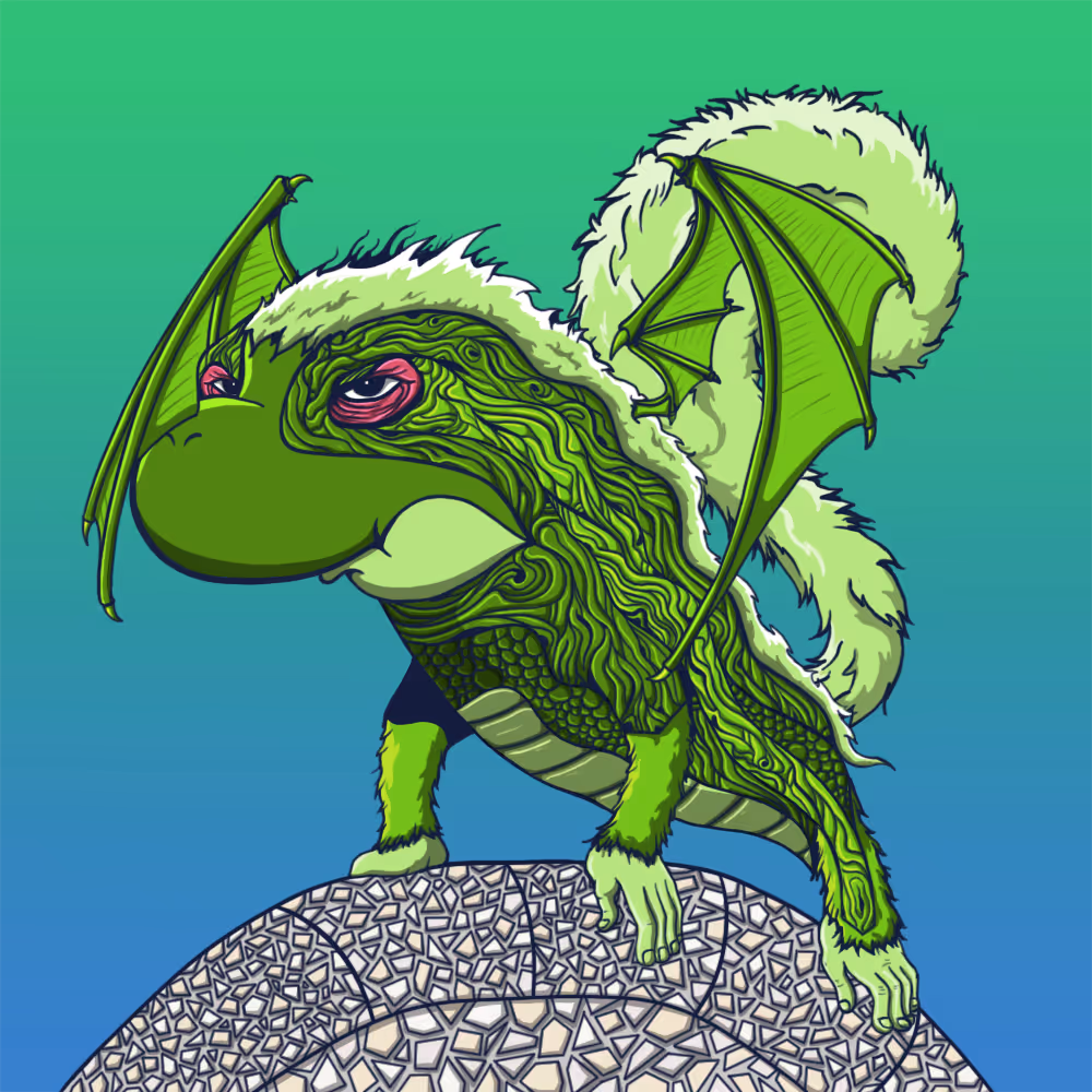 Green dragon-like creature with fur-lined wings perched on a mosaic stone surface against a gradient blue-green background.
