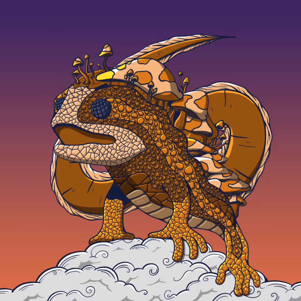 Illustration of a toad with mosaic patterned skin and mushroom-like growths on its back, standing on swirling clouds against a sunset sky.
