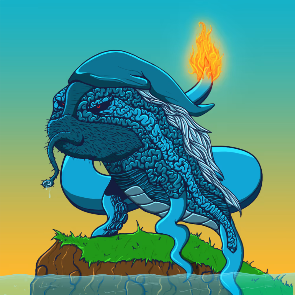 Blue, fantastical four-legged creature with intricate patterns, white hair, flaming tail, and holding a small dripping object in its mouth, standing on a grassy rock by water.