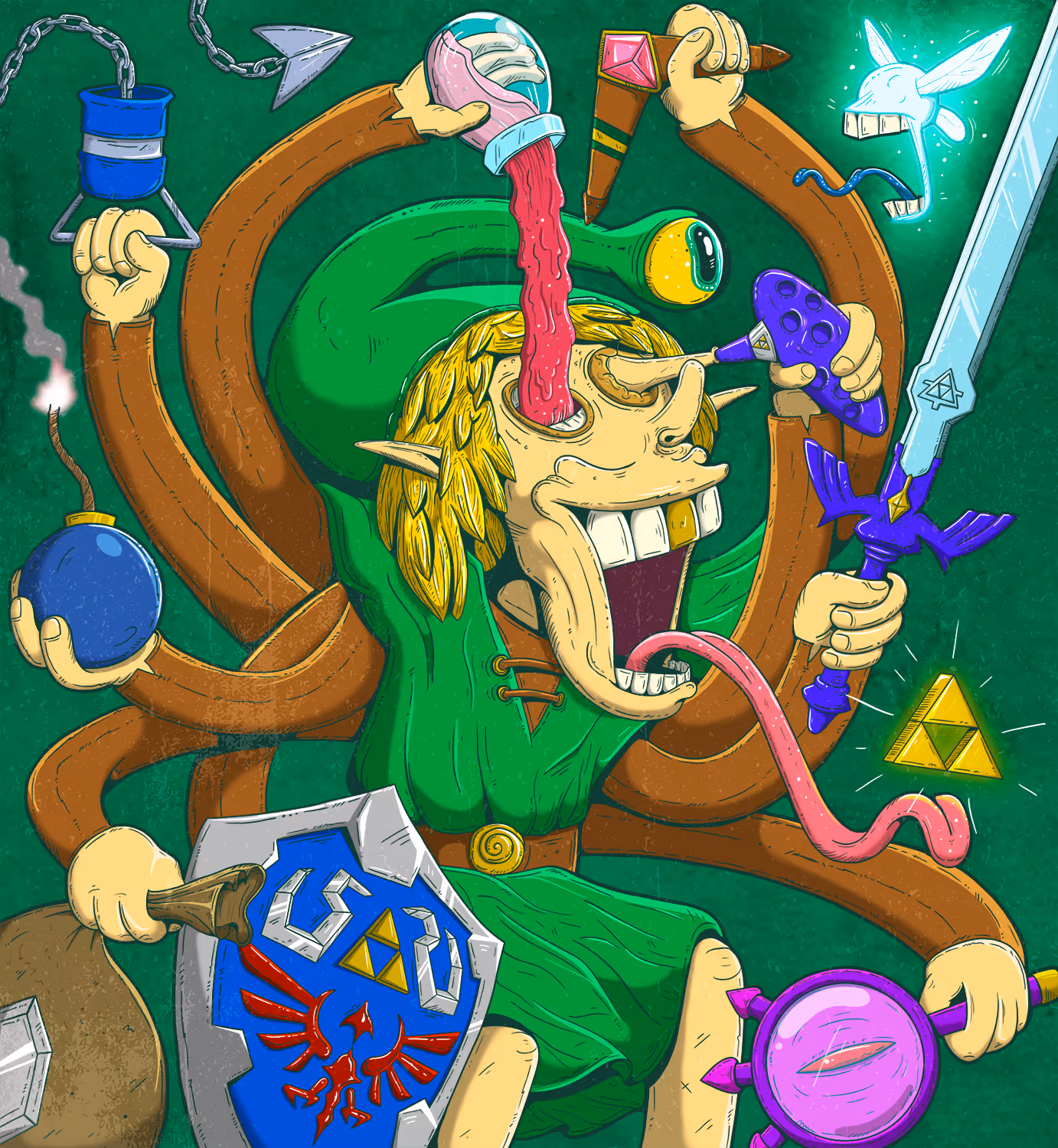 Cartoonish multi-armed Link character from Zelda holding various items including a sword, shield, bomb, boomerang, and pouring potion into his eye with a long tongue sticking out.
