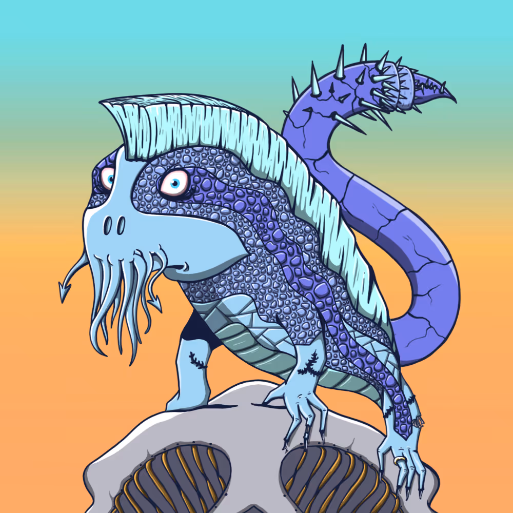 Blue and purple cartoon monster with tentacles and spikes standing on a large skull against a gradient sky background.
