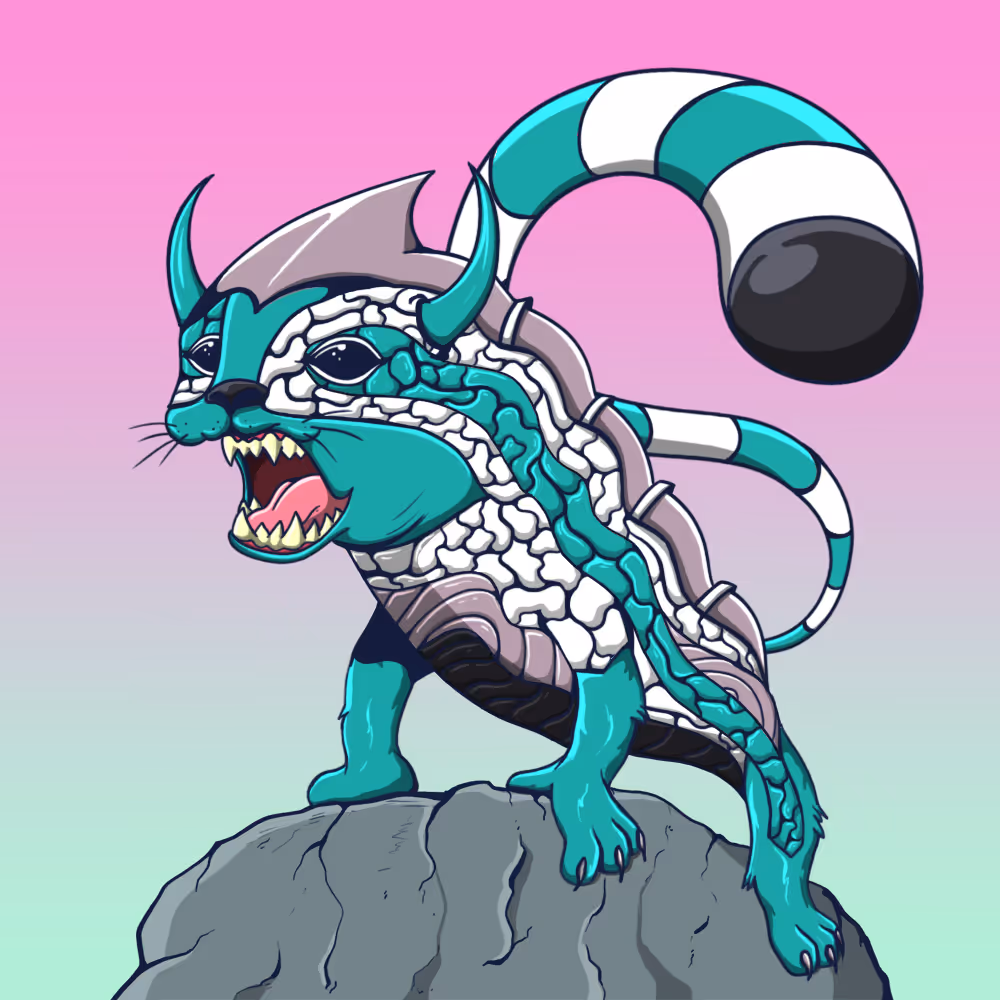 Futuristic teal and white creature with horns, bared sharp teeth, and segmented tail standing on a rock against a pink to green gradient background.