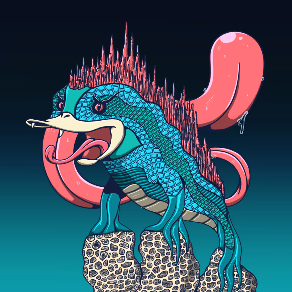 Colorful stylized amphibian with blue patterned skin, red spiky back, long tongue, and sharp fangs perched on patterned rocks against a dark gradient background.