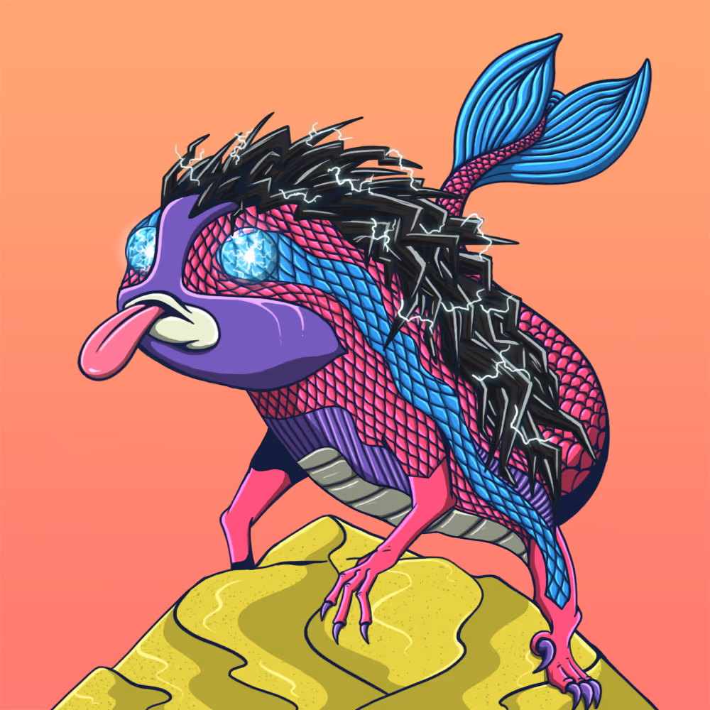 Colorful surreal creature with fish scales, clawed limbs, electric black mane, and glowing blue eyes standing on yellow rock.