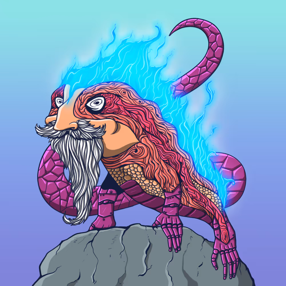 Fantasy creature with human-like face, white beard, and glowing blue flames on its back crouching on a rock.
