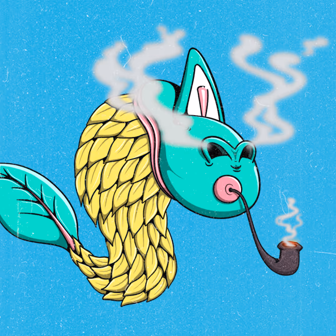 Illustration of a stylized fish with a blue cat-like head smoking a pipe, featuring a body made of yellow braided strands and a blue leaf-shaped tail.