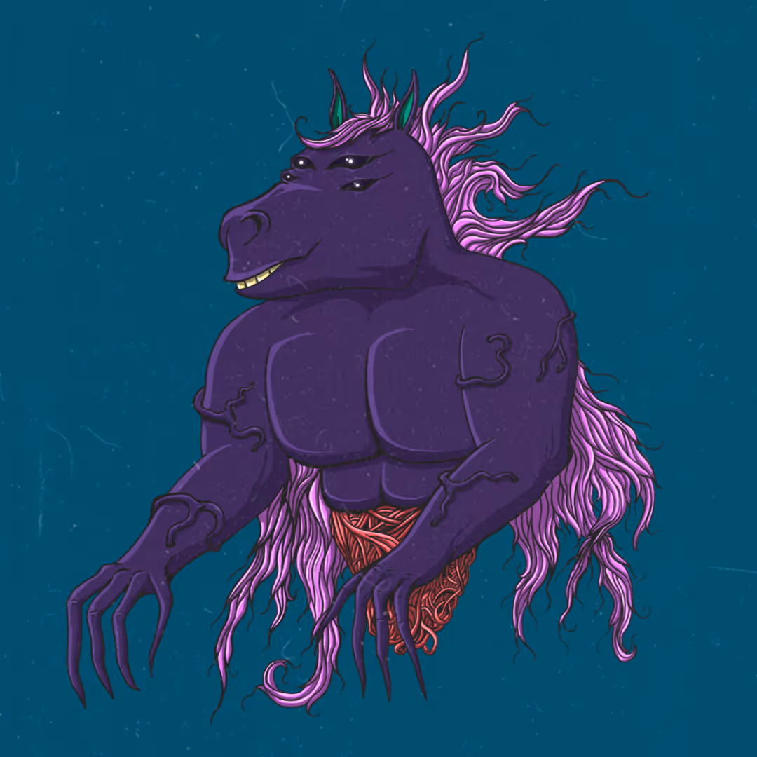 Illustration of a muscular purple humanoid creature with a horse-like head, four eyes, sharp claws, and flowing pink hair.