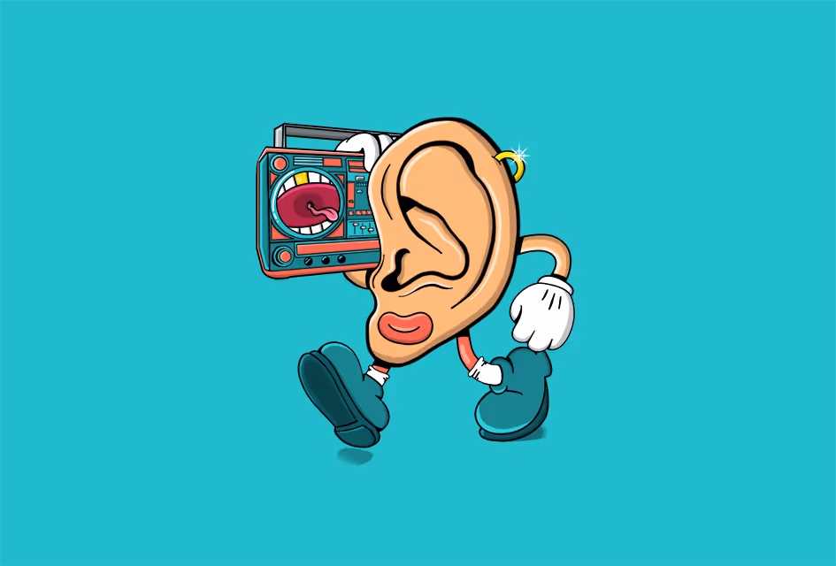 Cartoon of a walking ear with a gold earring holding a colorful boombox against a turquoise background.