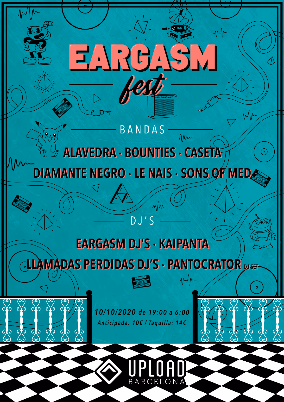 Eargasm Fest poster featuring band and DJ lineups with cartoon characters and musical icons on a teal background.