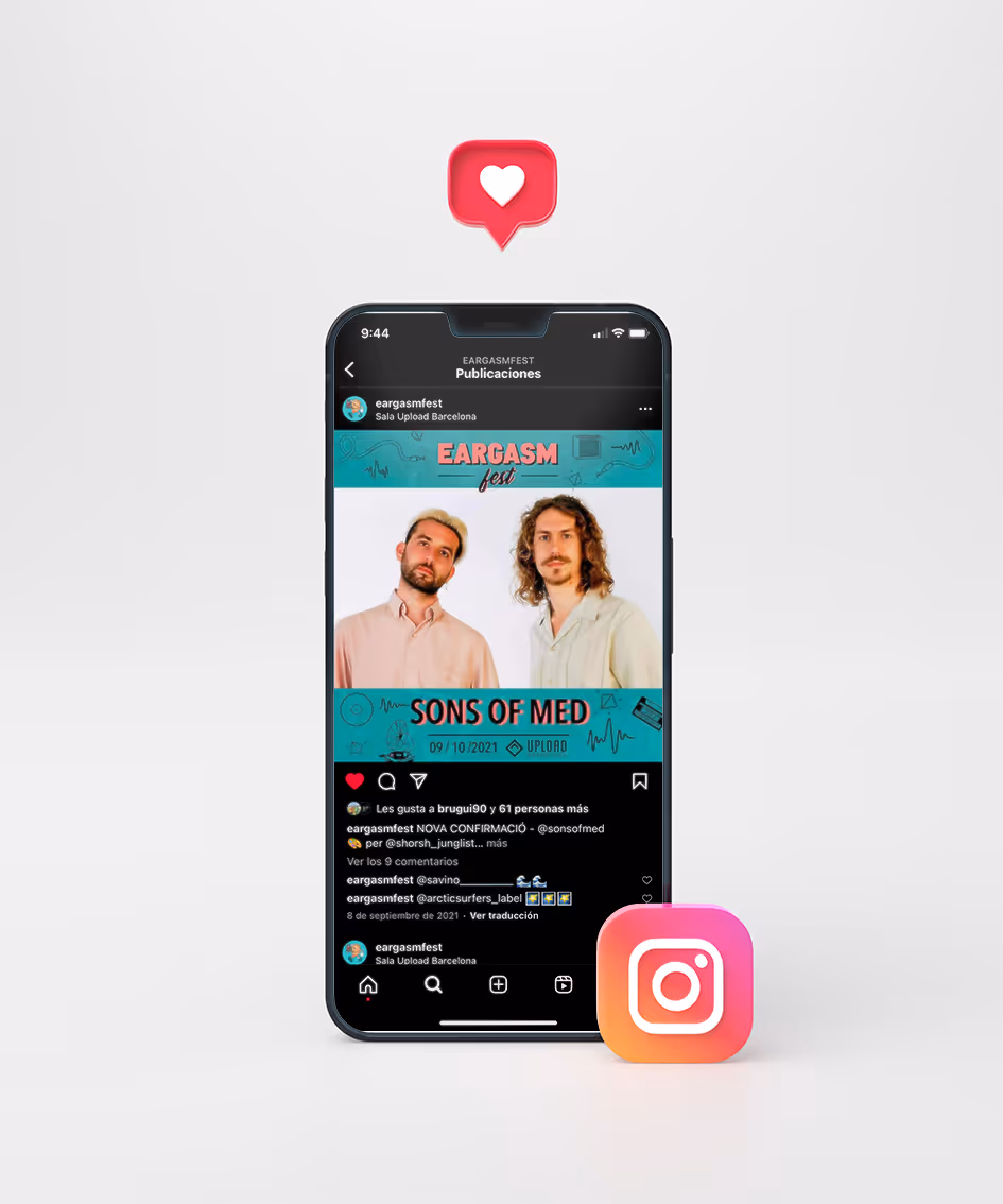 Smartphone displaying an Instagram post from 'eargasmfest' promoting Sons of Med event with two men pictured, a red heart like icon above, and an Instagram logo block at the bottom right.