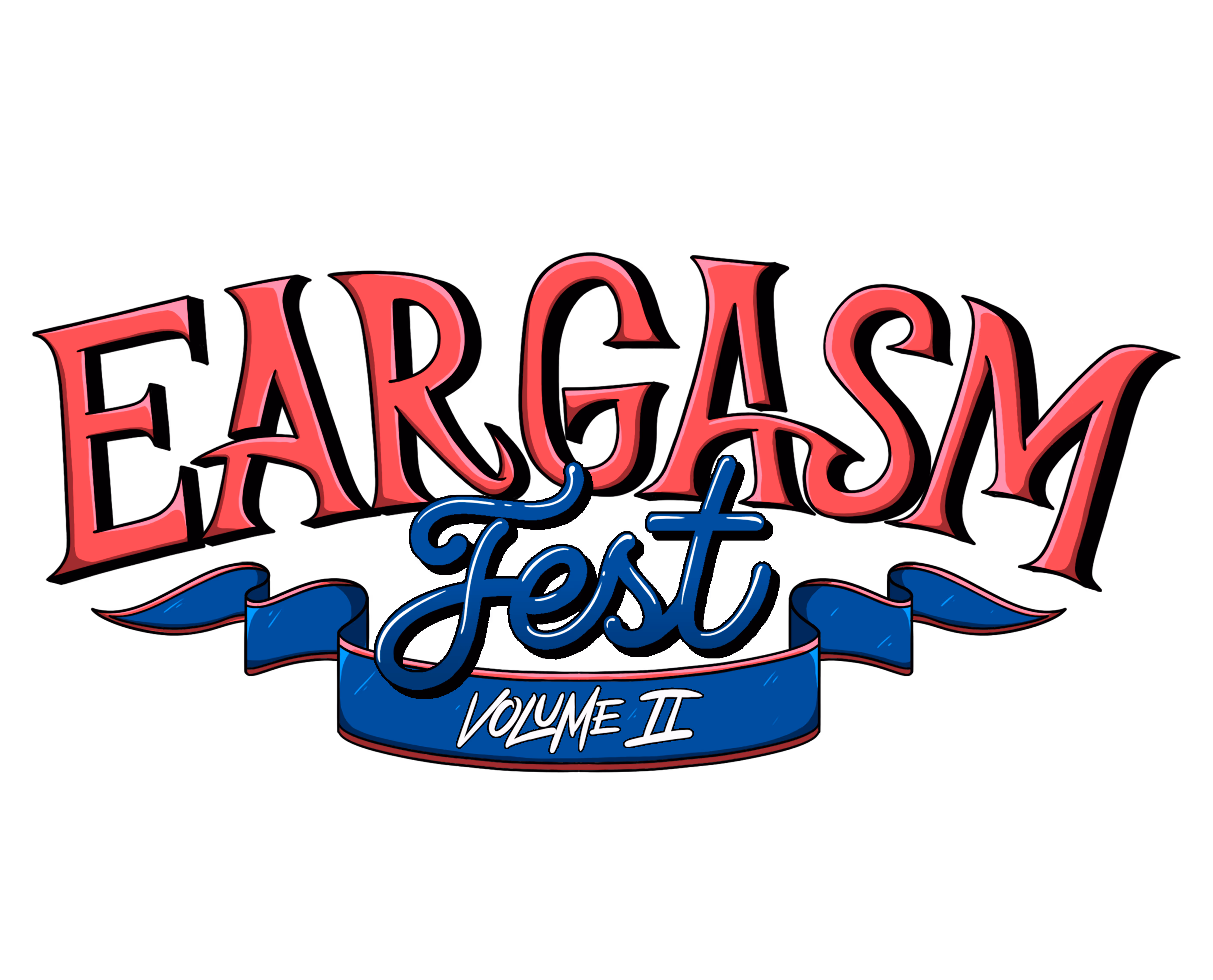 Colorful lettering logo reading 'EARGASM Fest Volume II' with red and blue stylized text and a ribbon banner.