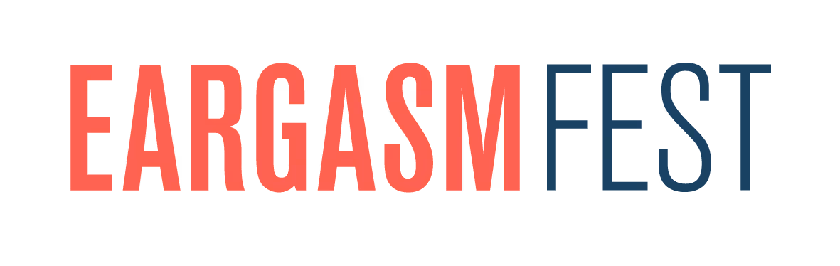 Logo with the word 'EARGASM' in bold red letters and 'FEST' in bold dark blue letters on a transparent background.