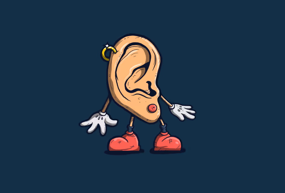 Cartoon illustration of a large human ear with arms, white gloves, legs, and red shoes on a dark blue background.