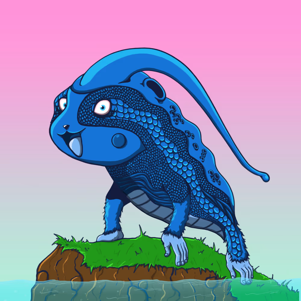 Blue fantasy creature with scaled skin, elongated head fin, and human-like hands standing on a grassy rock by water under a pink sky.