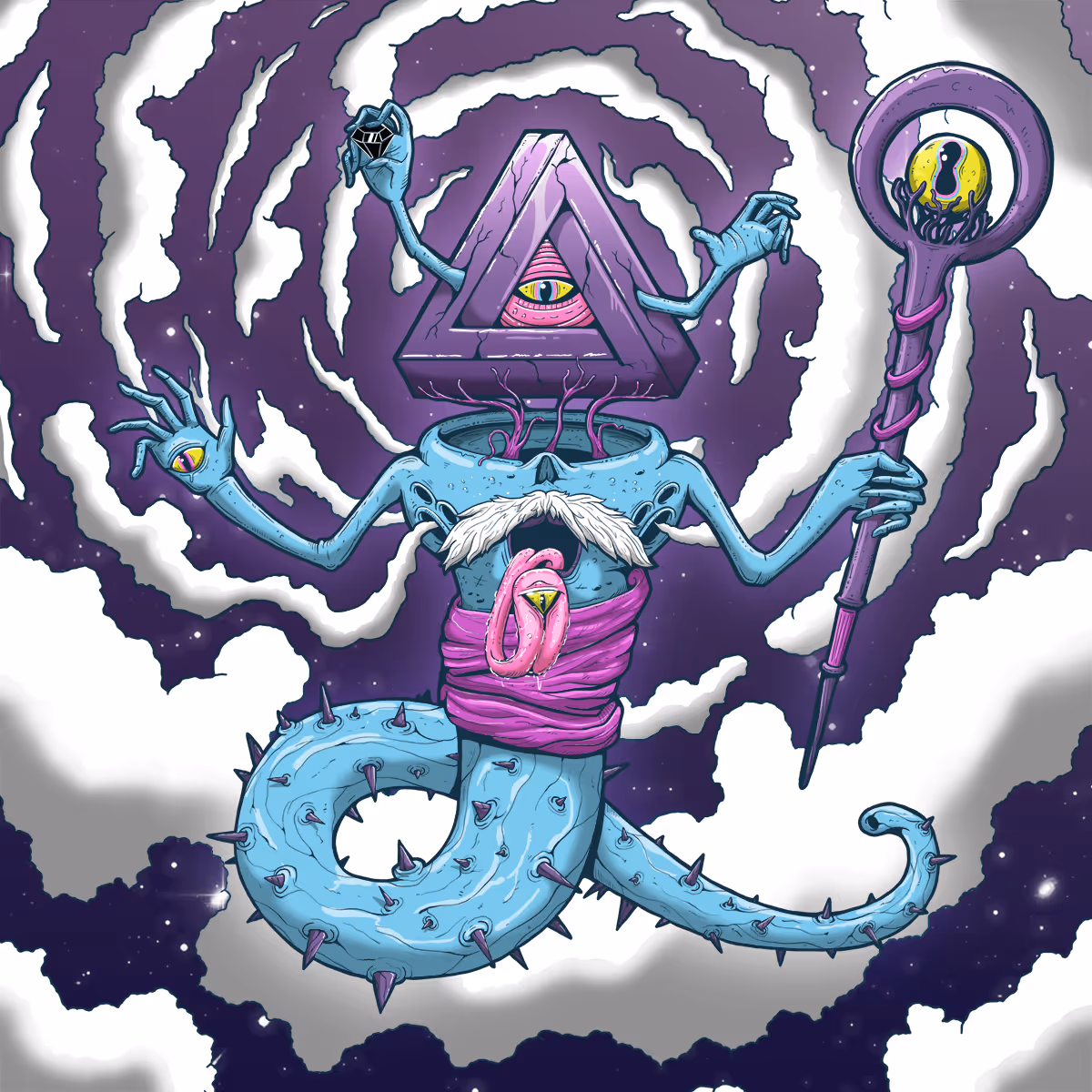 Surreal blue creature with a triangular head containing an eye, multiple arms holding a staff, and a tentacle-like lower body covered in thorns, floating in a purple and white swirling sky.