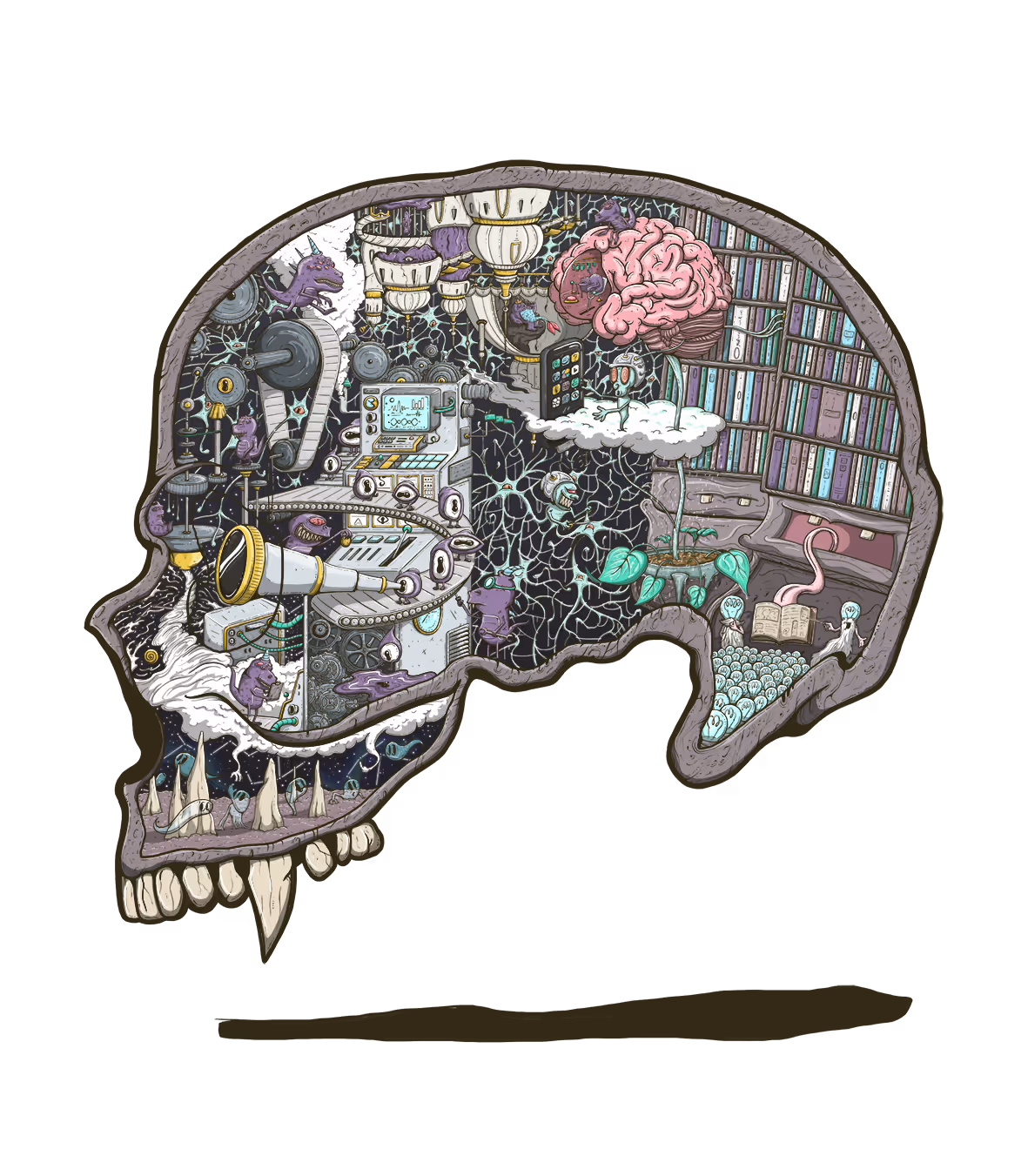 Colorful illustration of a skull cross-section filled with intricate whimsical scenes including a pink brain, small creatures, a telescope, bookshelves, and mechanical devices.
