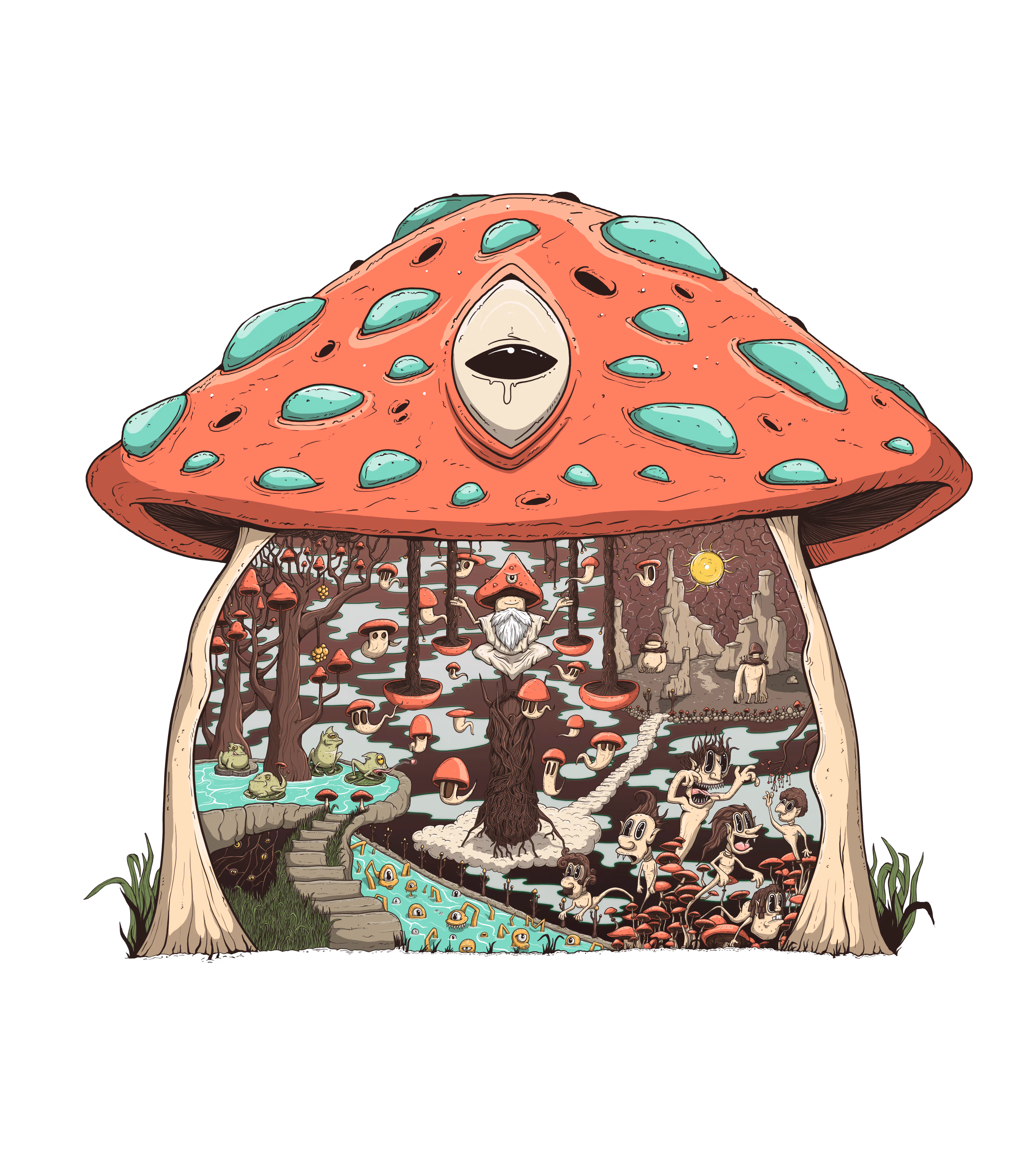 Illustration of a large red mushroom with teal spots, featuring an eye on its cap and a surreal interior containing humanoid mushroom creatures, frogs, a meditating figure, and a winding path.