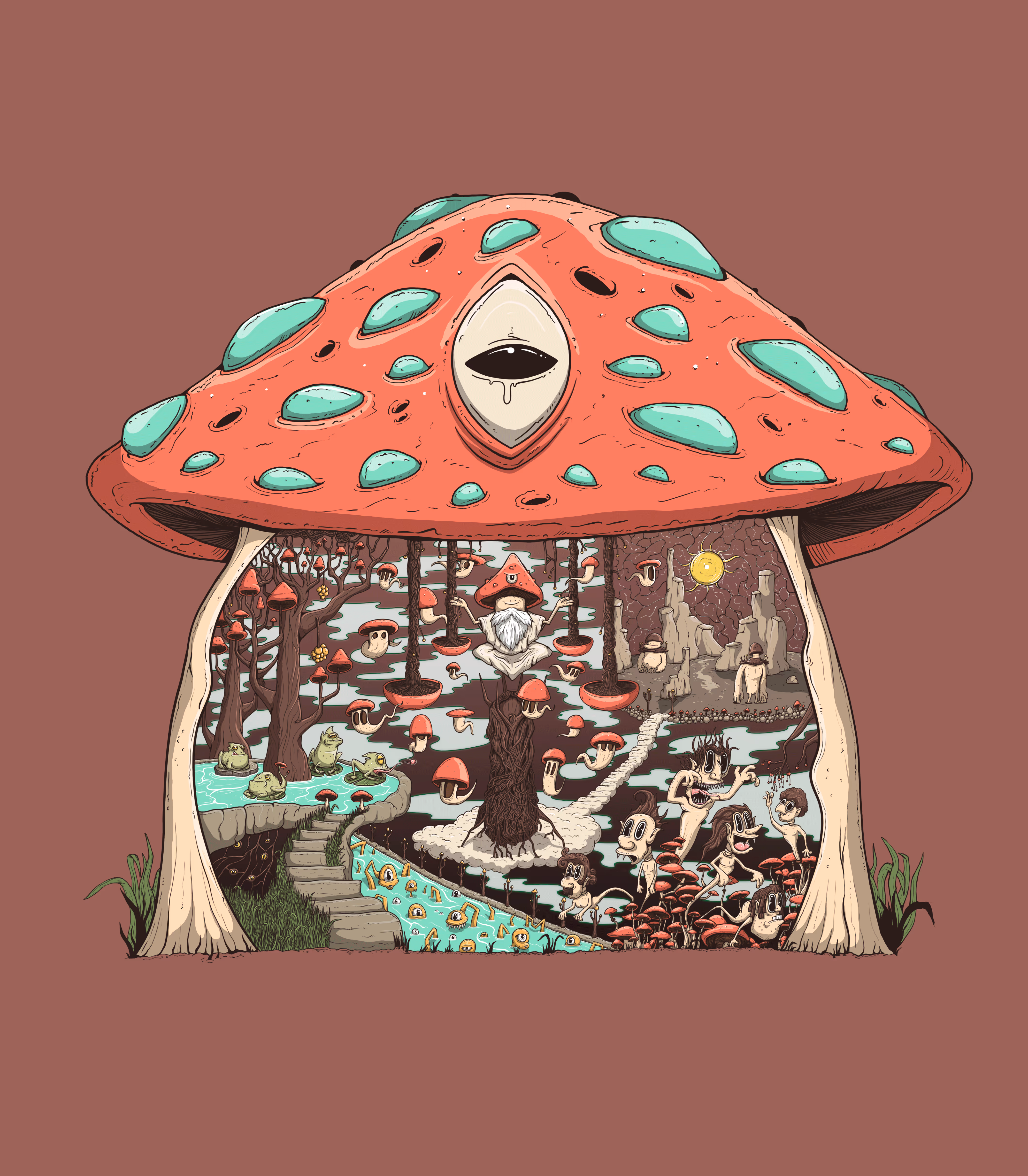 Surreal mushroom with a large eye on its cap, containing a detailed scene of whimsical creatures, frogs, mushrooms, and figures inside its hollow stem.