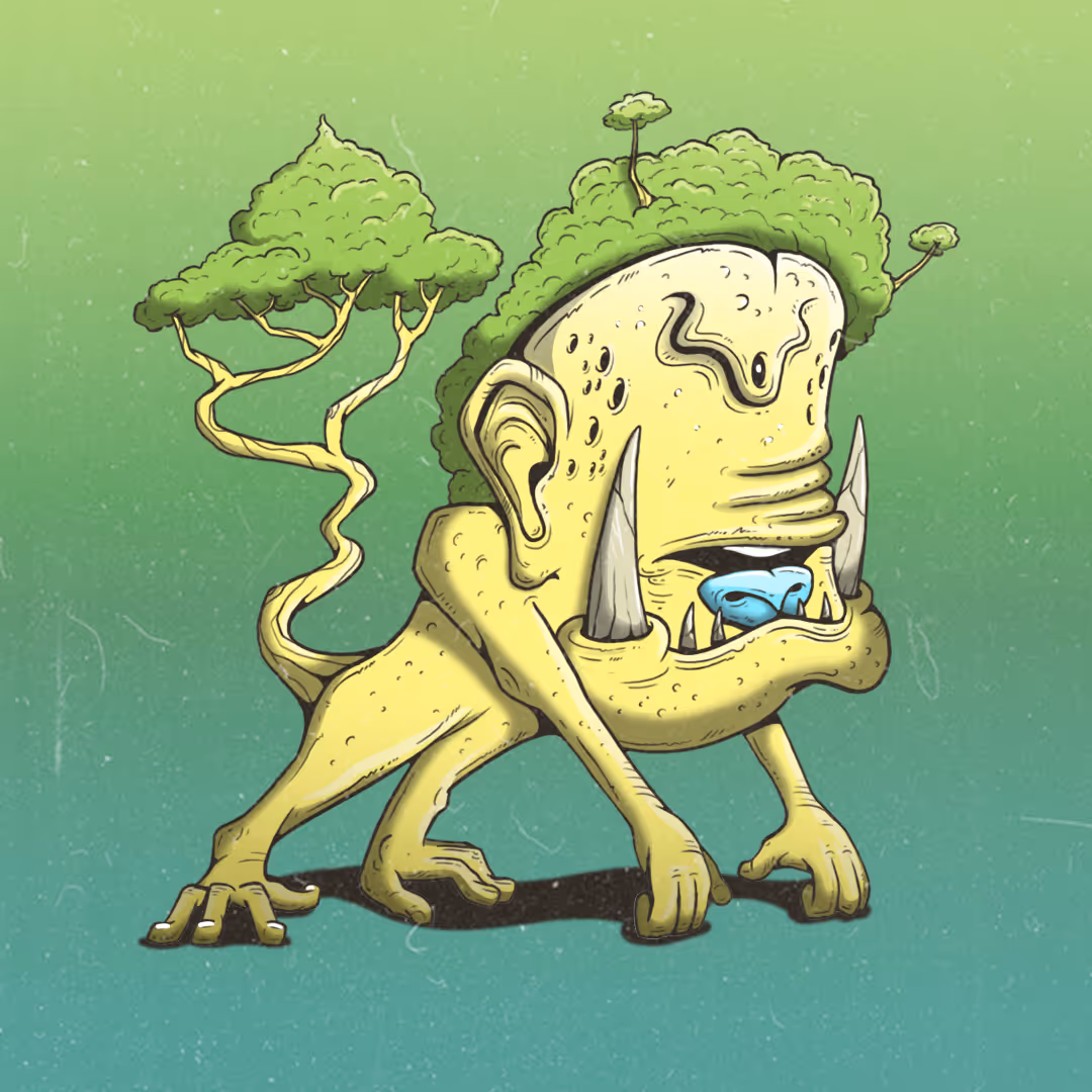 Yellow cartoon creature with tree-like hair, saber teeth, blue nose, and four crouching limbs on green gradient background.