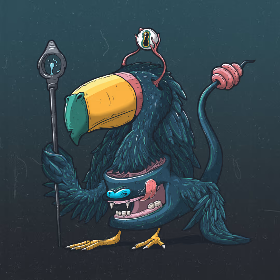 A fantastical blue bird with a large yellow beak, holding a staff with a keyhole symbol and displaying a wide mouth with sharp teeth and a tongue sticking out.