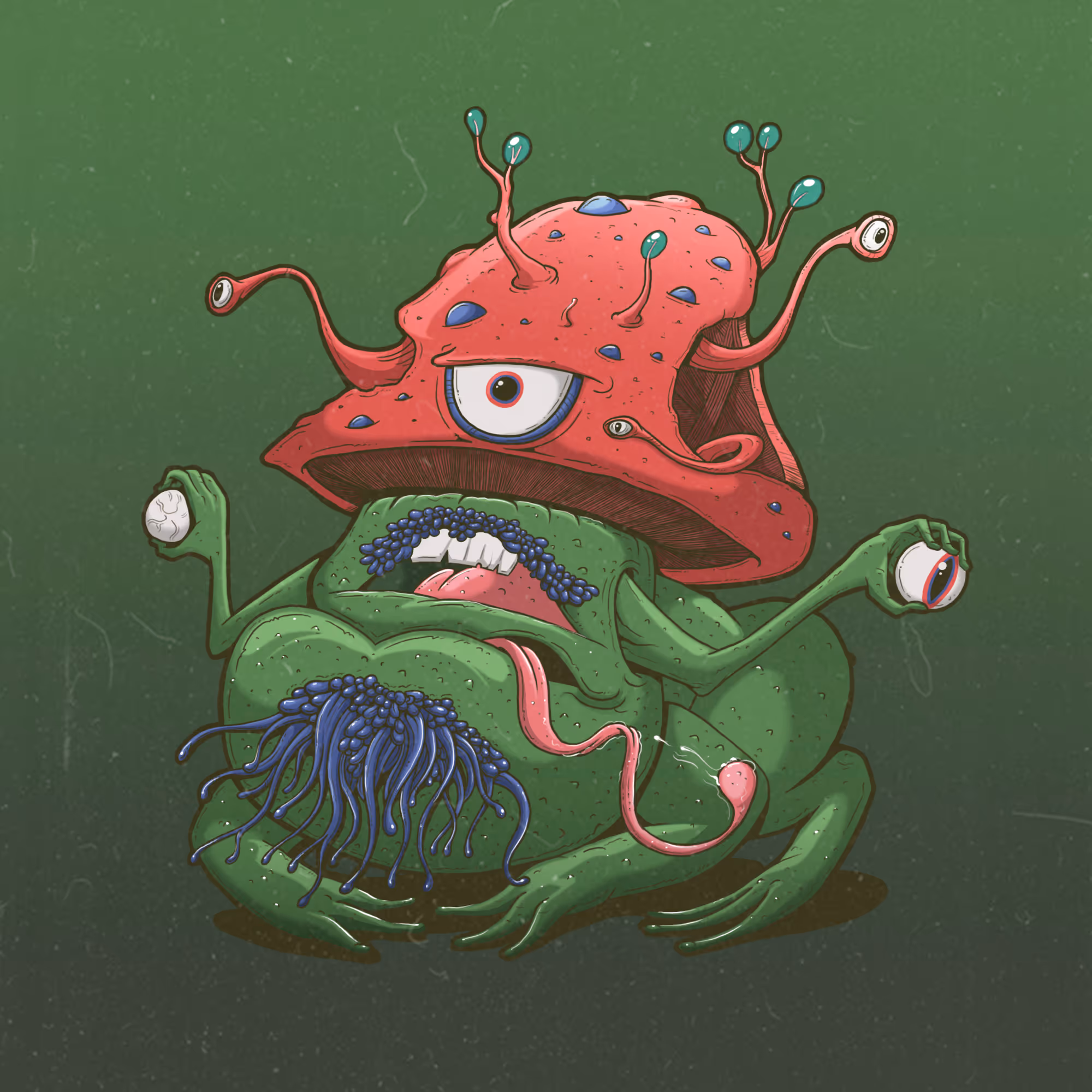 Green monster with blue beard, red mushroom-like hat with an eye, extended pink tongue, and holding eyeballs on a green background.