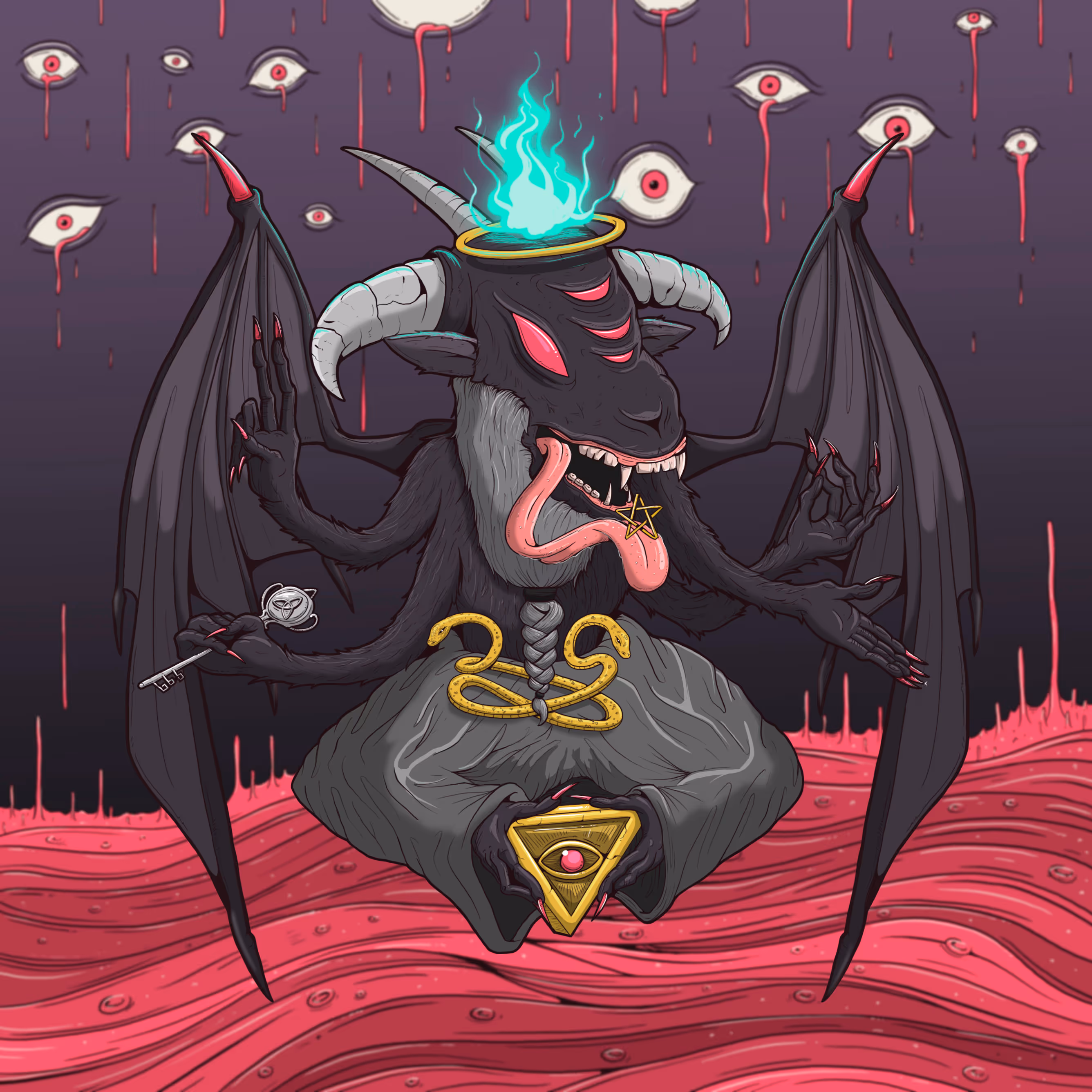 Dark mythical creature with multiple arms, horns, red glowing eyes, a blue flame above its head, and holding mystical objects, floating over a red wavy ground with dripping eyes in the background.