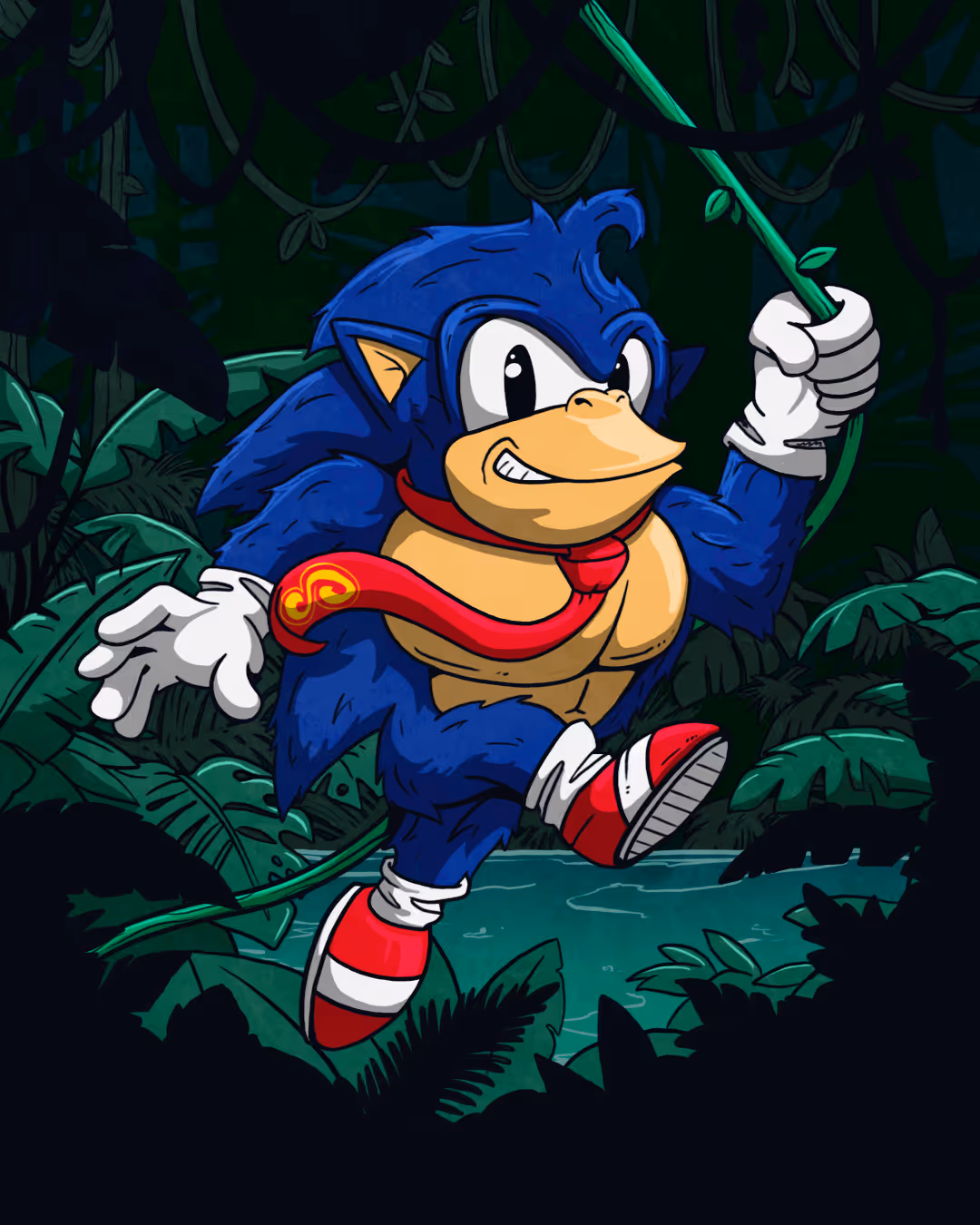 Cartoon hybrid character with blue fur, duck bill, red tie, gloves, and red sneakers swinging on a vine in a jungle.