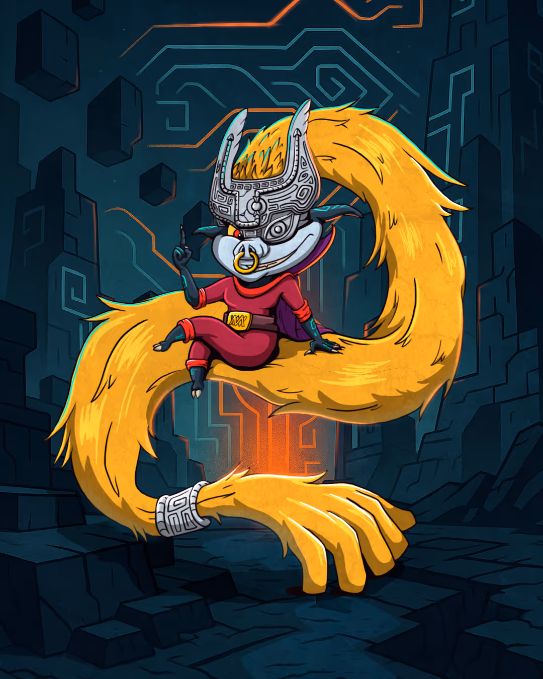 Cartoon character with a silver tribal helmet, orange eyes, nose ring, and long flowing yellow hair shaped into a large hand, sitting with one finger raised in a dark, geometric cavern background.