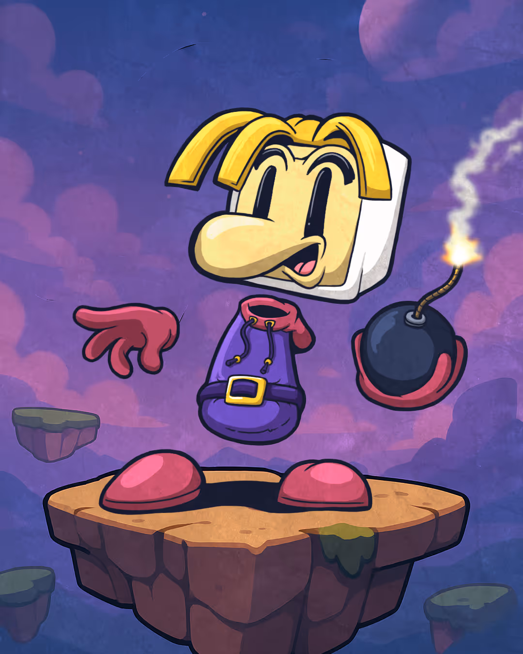 Cartoon character with a square white head, yellow hair, red gloves, purple outfit, and large red shoes holding a lit bomb, floating above a rocky platform in a purple cloudy sky.