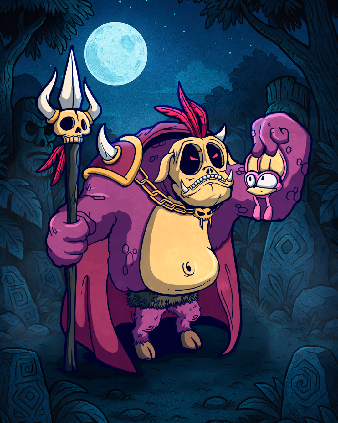 Fantasy creature with a skull-like face, purple fur, red feathers on head, holding a staff topped with a skull in one hand and a small worried creature in the other, under a full moon in a dark forest.