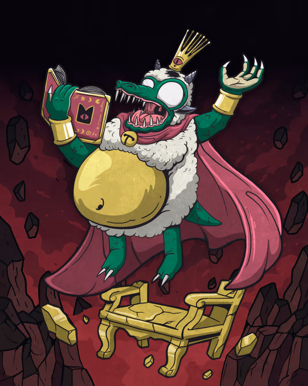 Cartoon crocodile king with a crown, cape, and gold belly reading a magical book while floating above a cracked throne in a dark rocky environment.