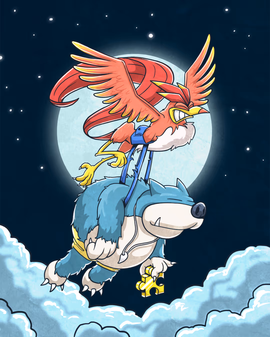 Blue bear-like creature flying with a fierce red bird perched on its back against a full moon and starry night sky, holding a yellow puzzle piece.
