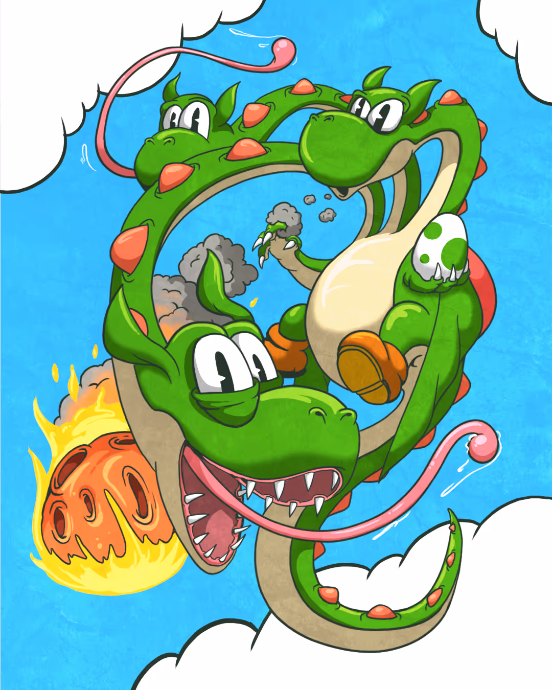 Cartoon green dragon with three heads, one holding a spotted egg, flying in a blue sky with clouds and a fiery meteor in the background.