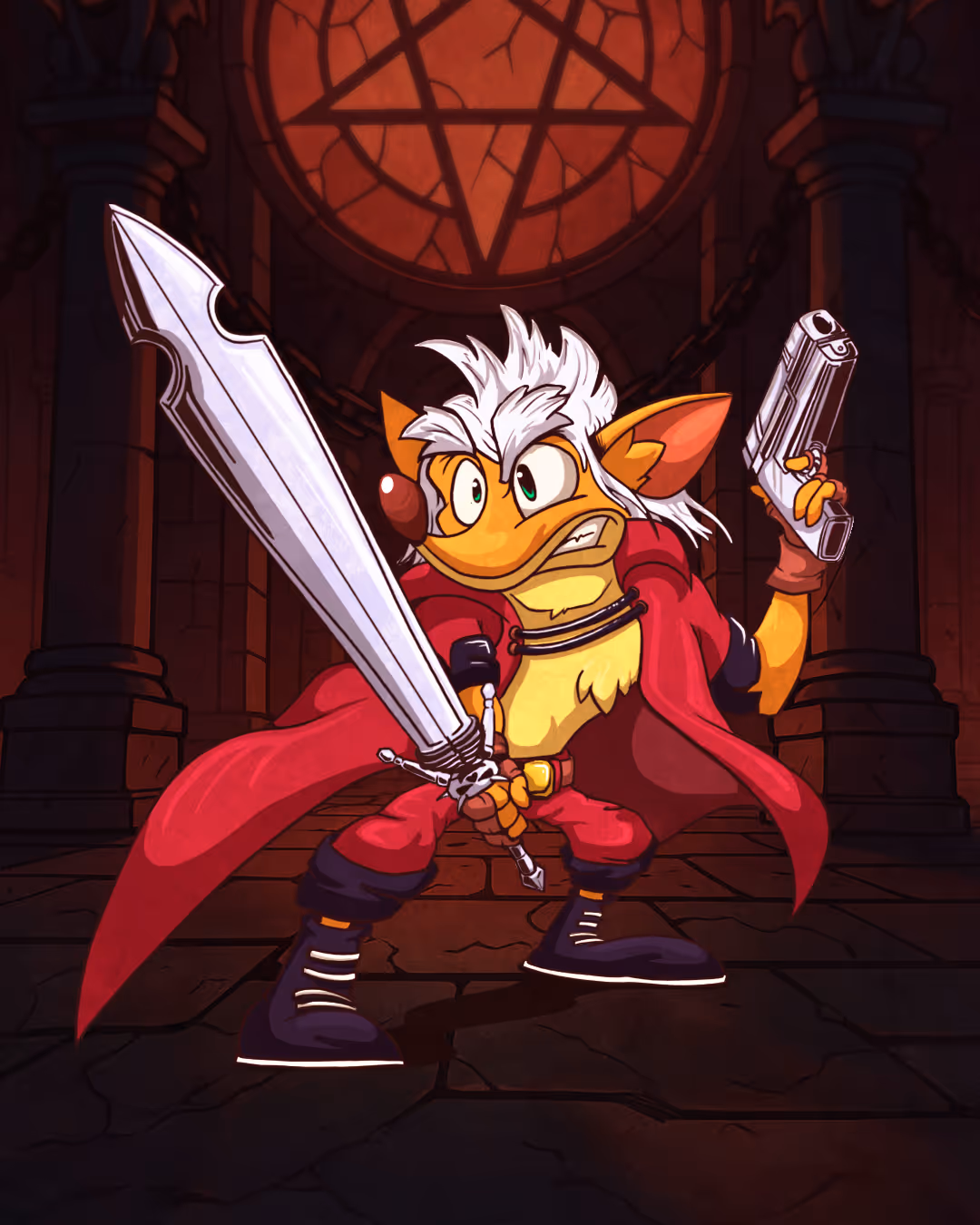 Animated anthropomorphic fox character with white hair, wearing a red cloak, holding a large sword in one hand and a handgun in the other, standing in a dimly lit room with a red pentagram in the background.