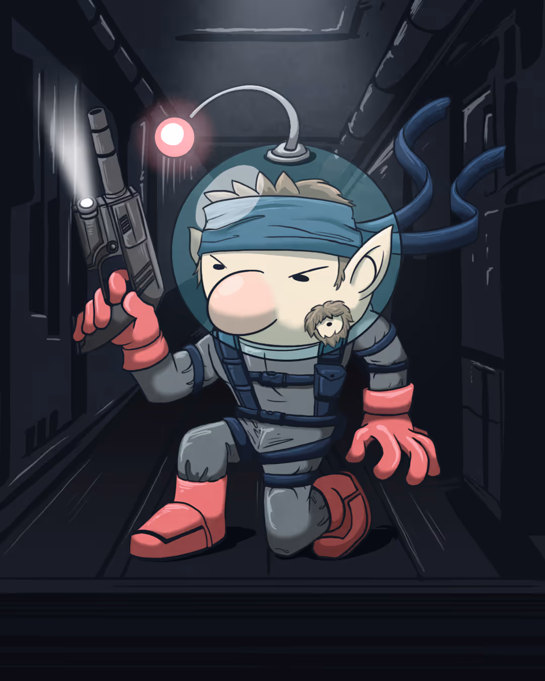 Cartoon astronaut with a large nose and headband, holding a gun with a flashlight, kneeling in a dark spaceship hallway.