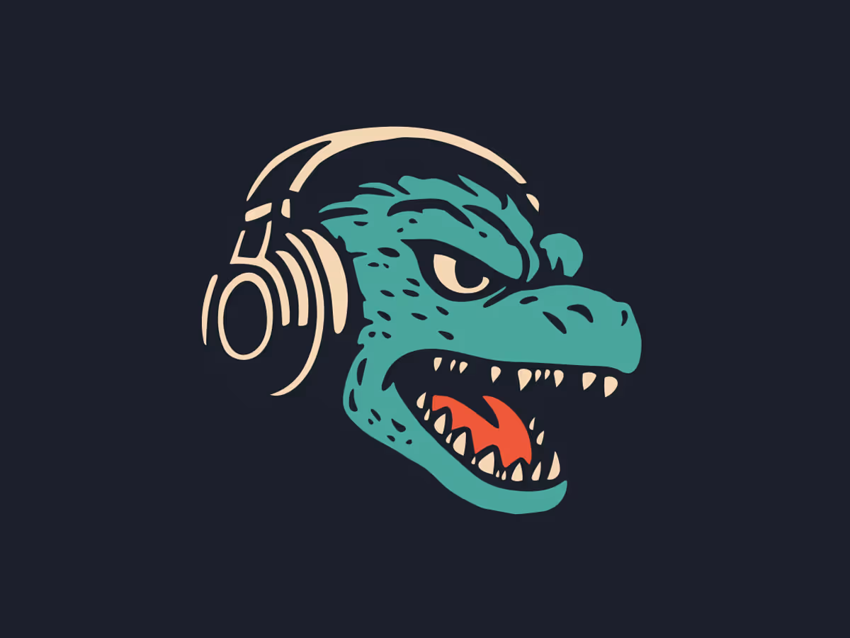 Stylized teal dinosaur head wearing beige headphones with an open mouth showing sharp teeth and a red tongue on a dark background.